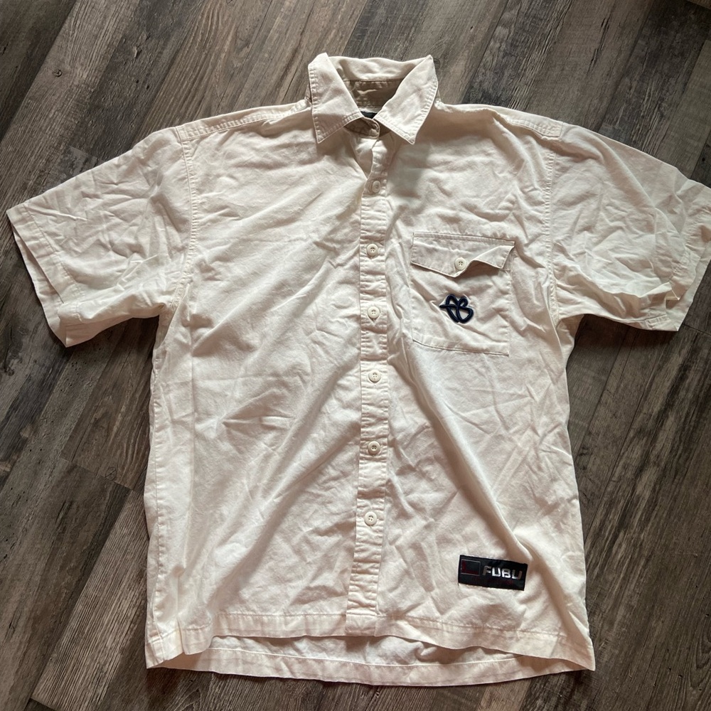 FUBU Cream Short Sleeve Button Down Shirt - Picture 1 of 7
